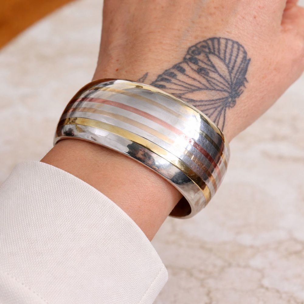 Birks Sterling Silver & 10K Yellow & Rose Gold Rare Wide Statement Cuff Vintage